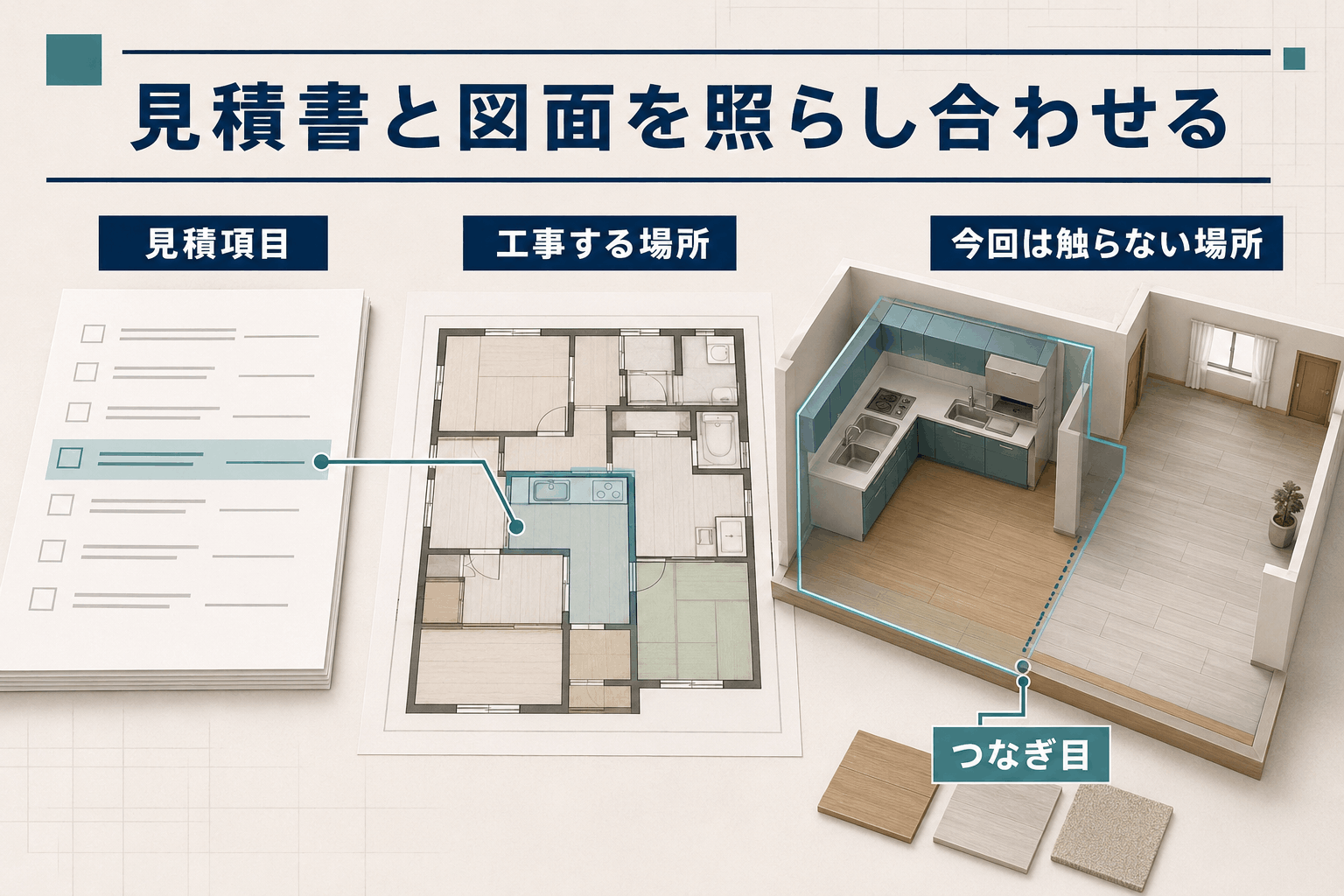 見積書と図面を横に置き、工事する場所をたどる