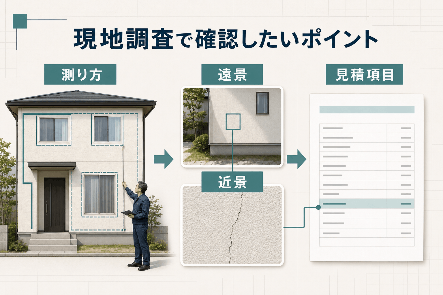 現地調査では、写真と測り方を確かめる